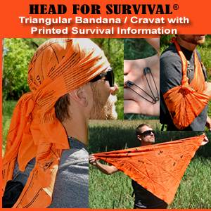 Head for Survival ®  ORANGE Triangular Bandana / Cravat with Printed Survival Information (HFSOrange)
