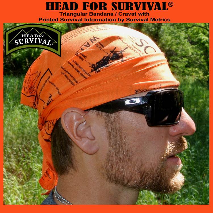 Head for Survival ®  ORANGE Triangular Bandana / Cravat with Printed Survival Information (HFSOrange)